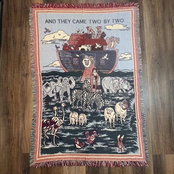Vintage Noahs Ark Tapestry Blanket ‘And they came two by two’ 1994 fringed - Picture 9 of 9